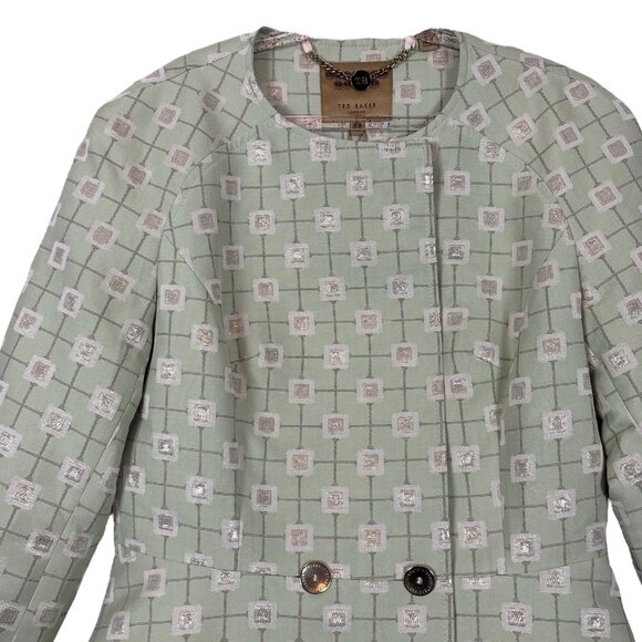 New Ted Baker Working Title $475 Geo Shimmer Blazer Jacket Sage Green Sz 2 US 6 - Picture 4 of 13